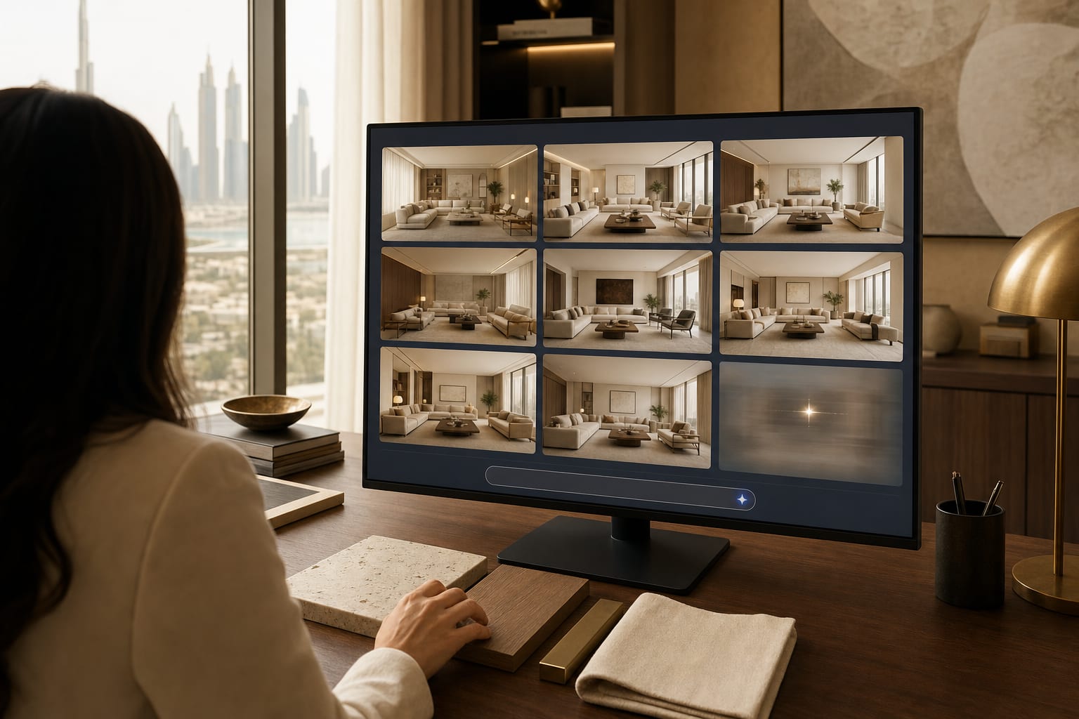 A Dubai interior designer reviewing a grid of AI-generated room variations on screen while choosing real travertine, oak and brass material samples by hand