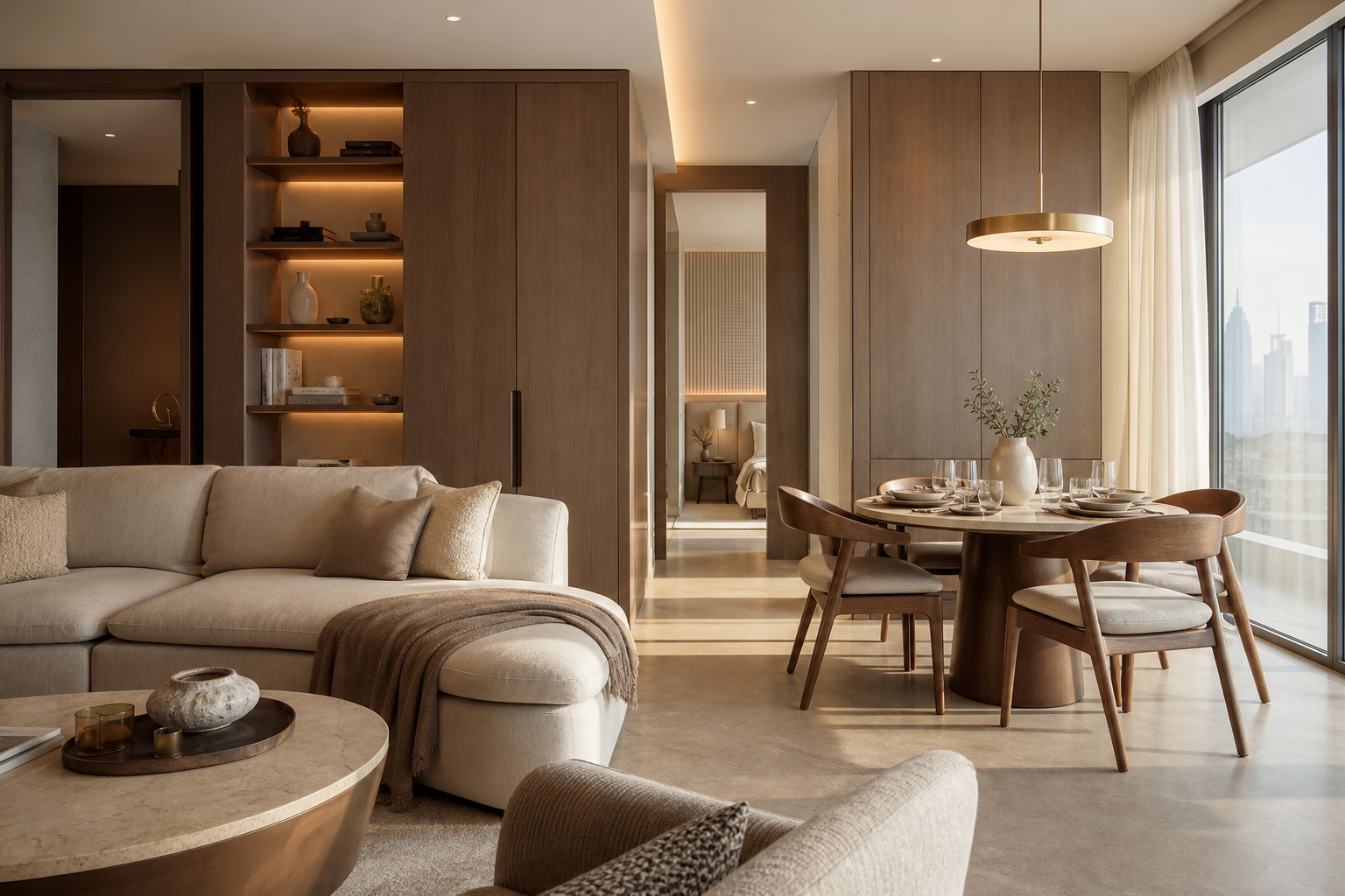 A renovated contemporary Dubai apartment with bespoke oak joinery, full-height storage, a calm sand-linen sofa and a skyline view, the result of a full high-rise fit-out