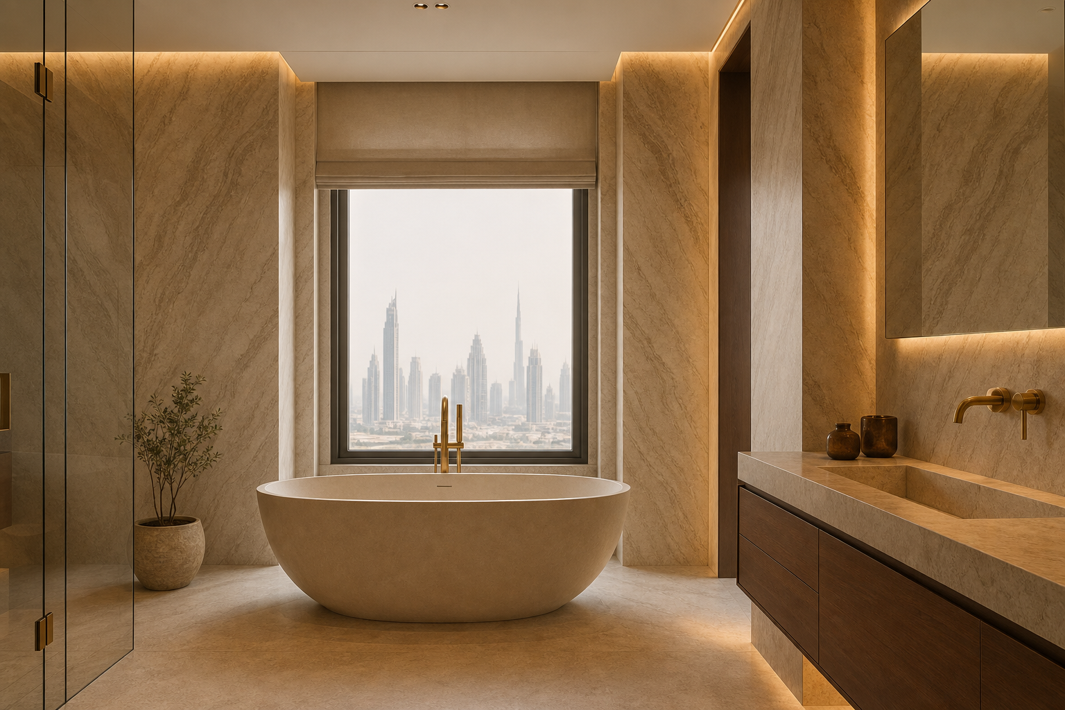 A luxury master bathroom in Dubai with full-height stone, a freestanding tub and concealed joinery, the result of a proper wet-zone renovation