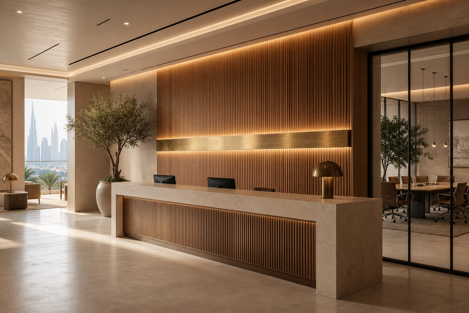 A calm contemporary Dubai office reception in warm oak, fluted glass and stone with a backlit logo wall and layered lighting, the result of a considered commercial interior fit-out