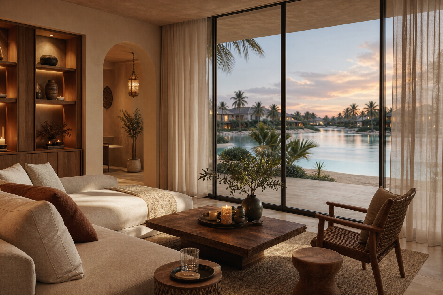 A calm lagoon-facing Damac Lagoons villa living room after a post-handover upgrade, stone, walnut joinery and soft drapery