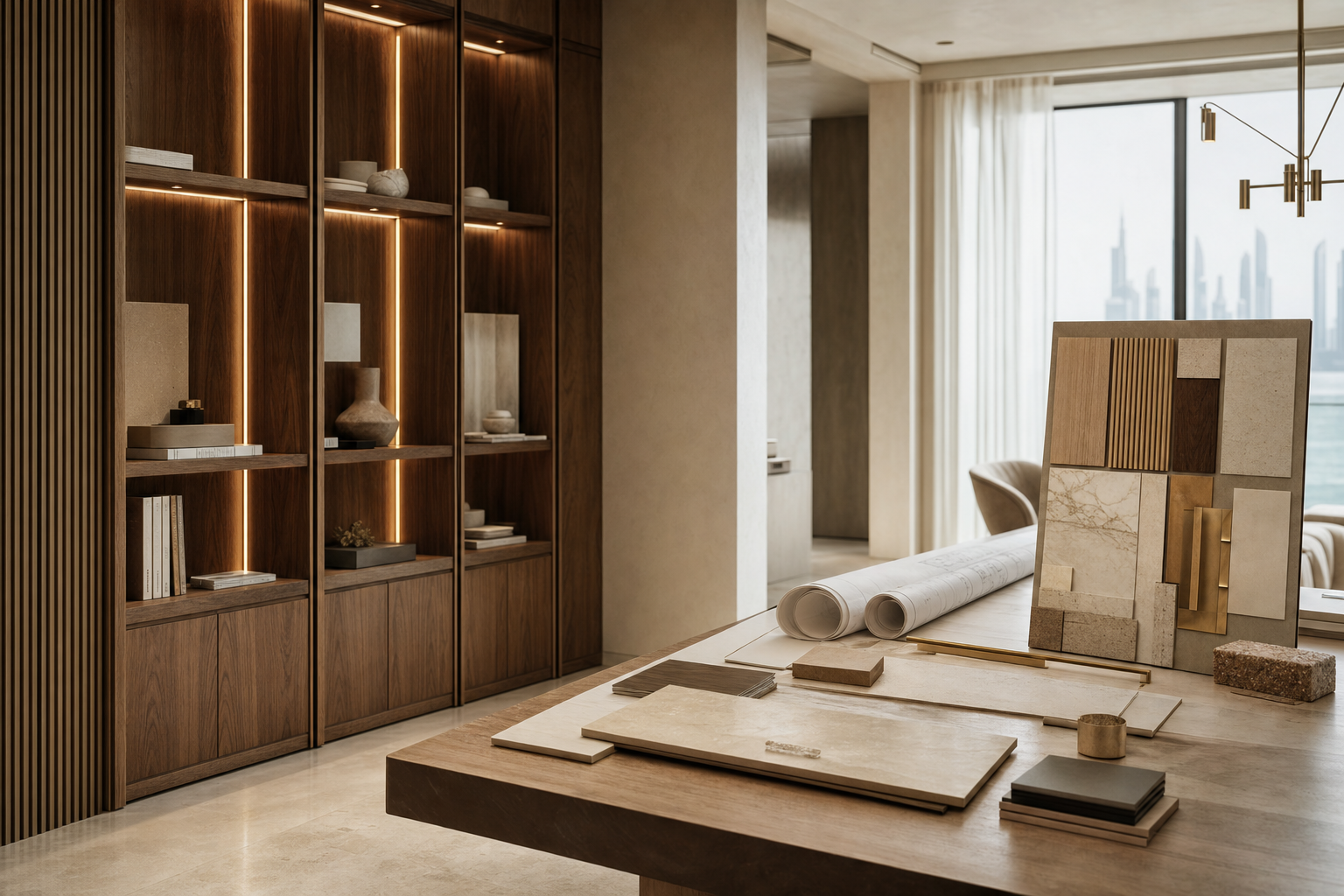 A calm contemporary Dubai interior mid-project, showing considered joinery and finishes alongside design drawings, illustrating the difference between interior design and fit-out