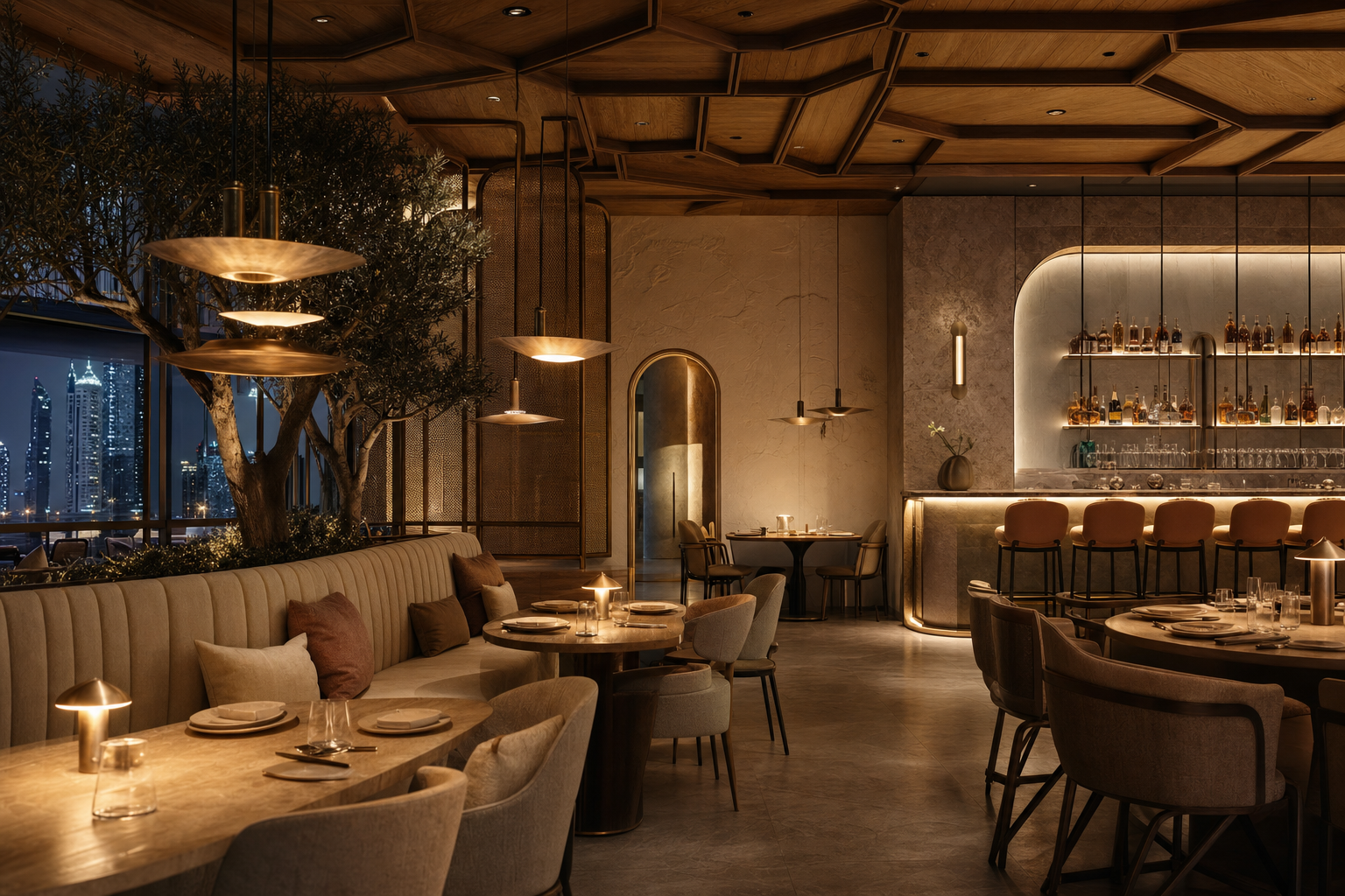 A warm contemporary Dubai restaurant and lounge interior in walnut, stone and brass with layered pendant lighting, banquette seating and a considered bar, the result of hospitality interior design