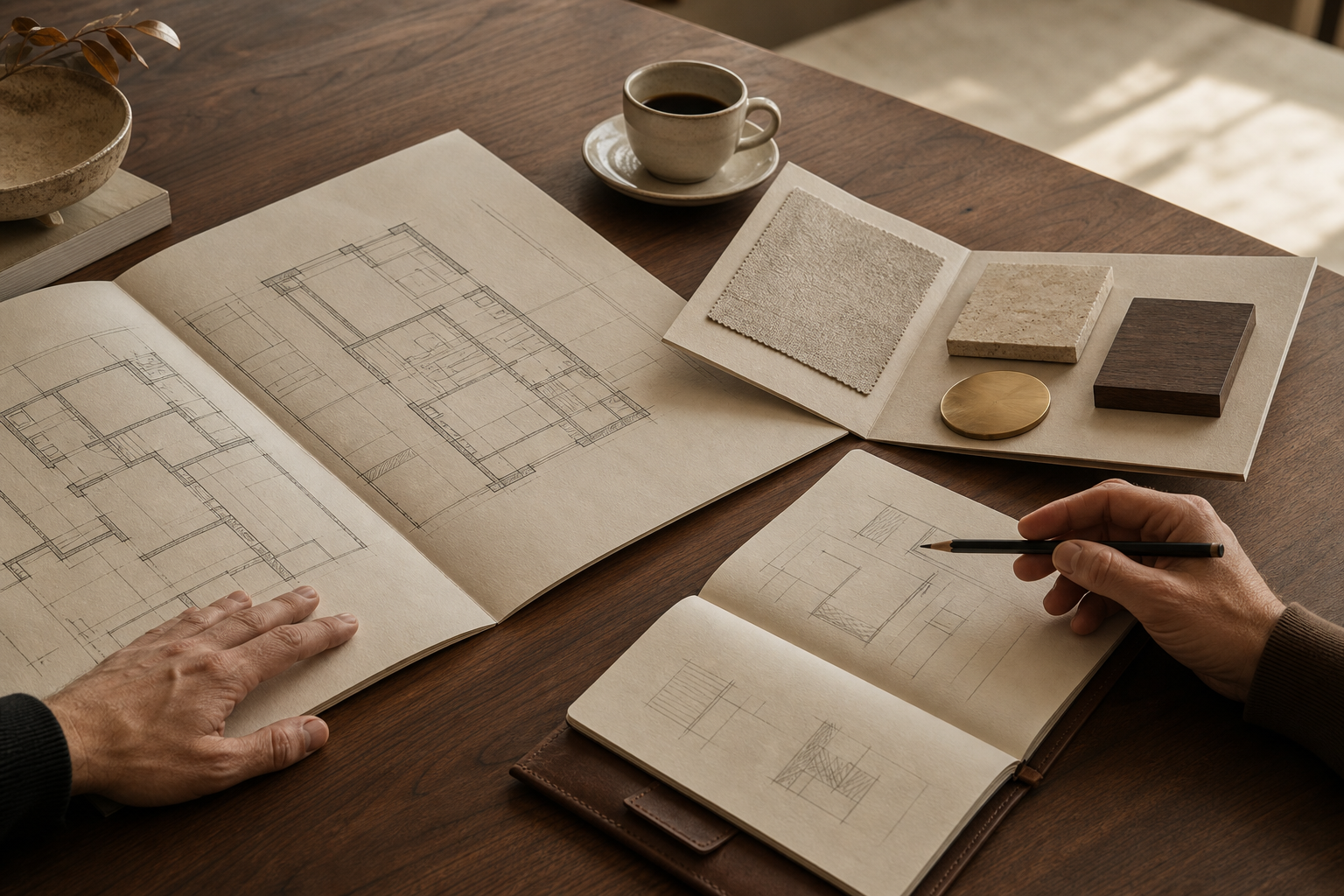 Interior designer reviewing CAD drawings and material samples with clients in a Dubai studio
