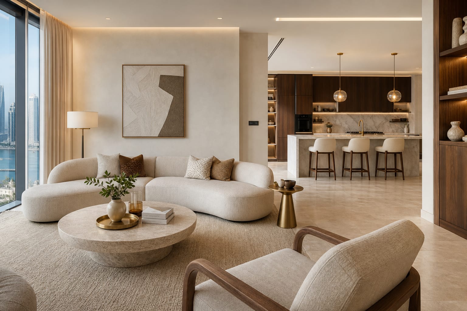 A calm, contemporary Dubai apartment living room in bone, sand and walnut with travertine floors and brushed brass accents, the kind of interior upgrade that lifts resale and rental value