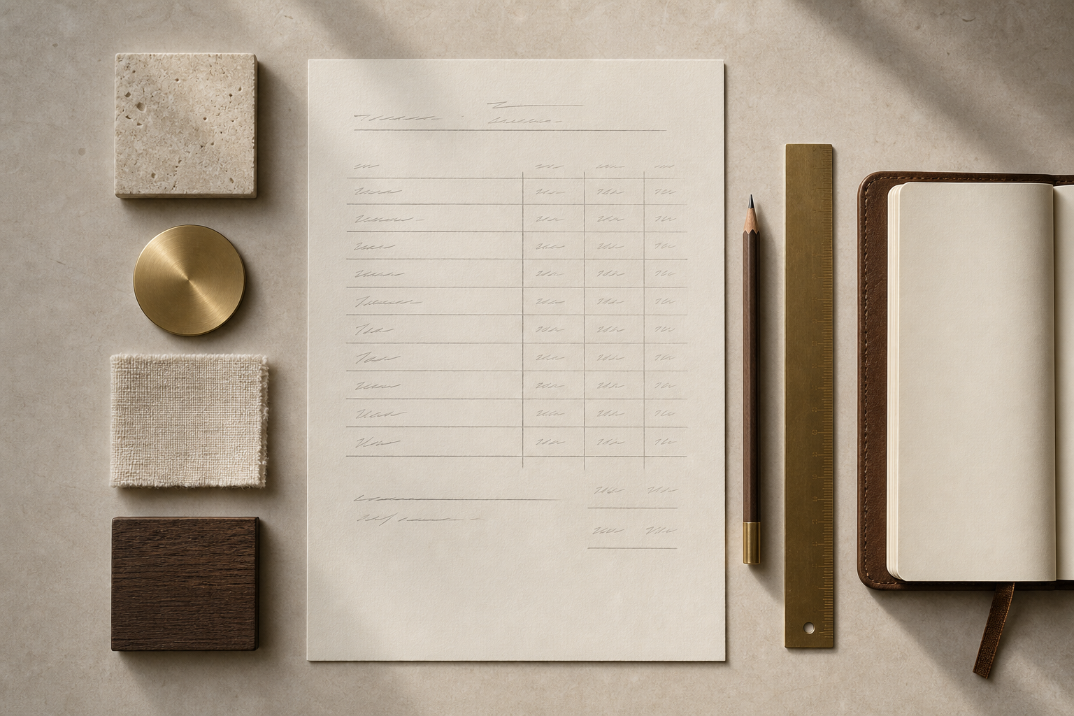 Mood board with material samples and a hand-written budget in a Dubai design studio