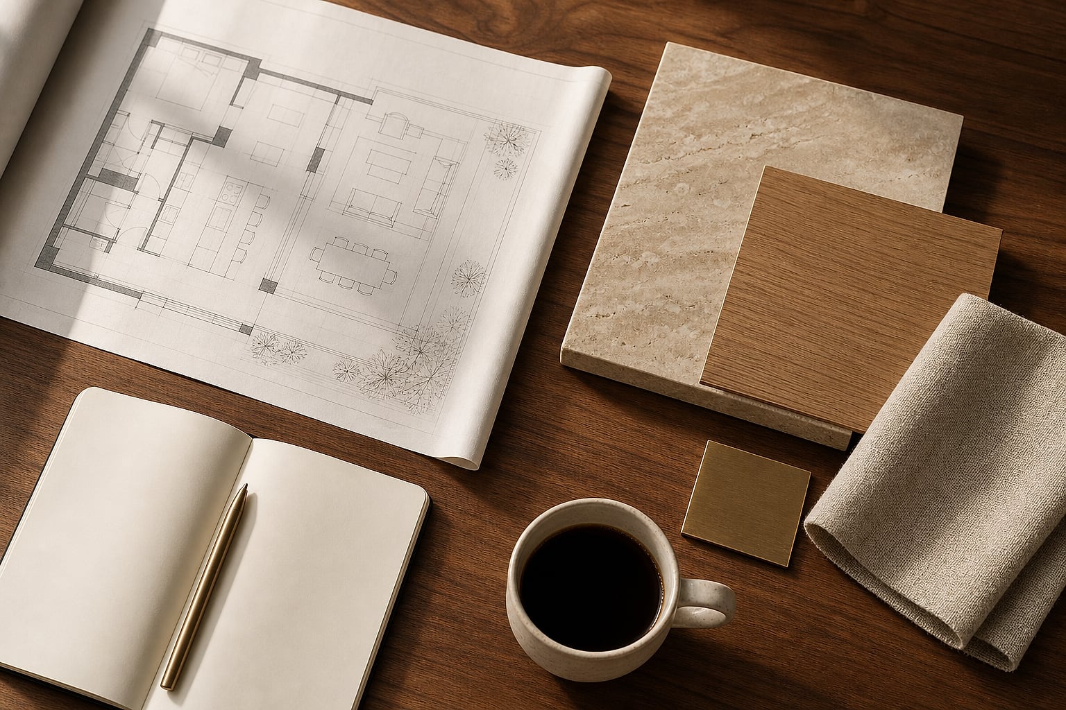 A walnut table with a villa floor plan, travertine, oak and brass material samples and a notebook, representing planning an interior design budget in Dubai