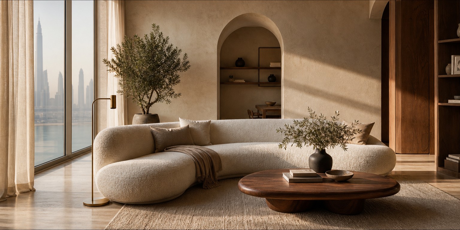 A warm contemporary Dubai living room in bone, sand and walnut with limewashed walls, a curved bouclé sofa, travertine floors and a brass thread, the calm earthy palette defining 2026 interior design trends