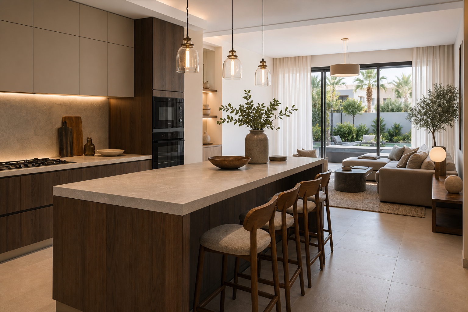 A calm contemporary Dubai villa kitchen and living edge after a Nakheel handover upgrade, walnut joinery and garden-facing light