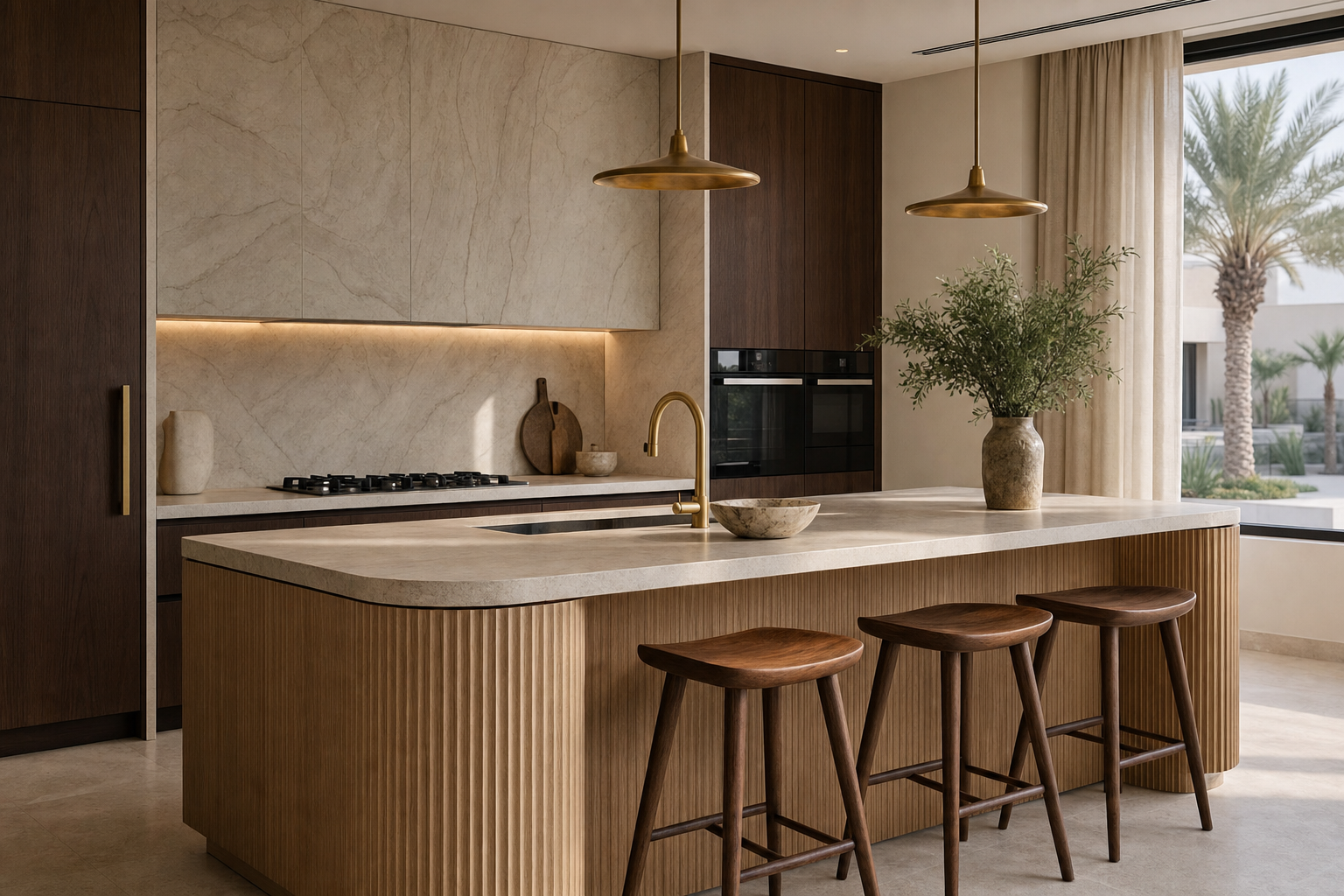 A bespoke Dubai kitchen with fluted oak island, honed stone counters and brass detailing, the kind of renovation that replaces a developer handover