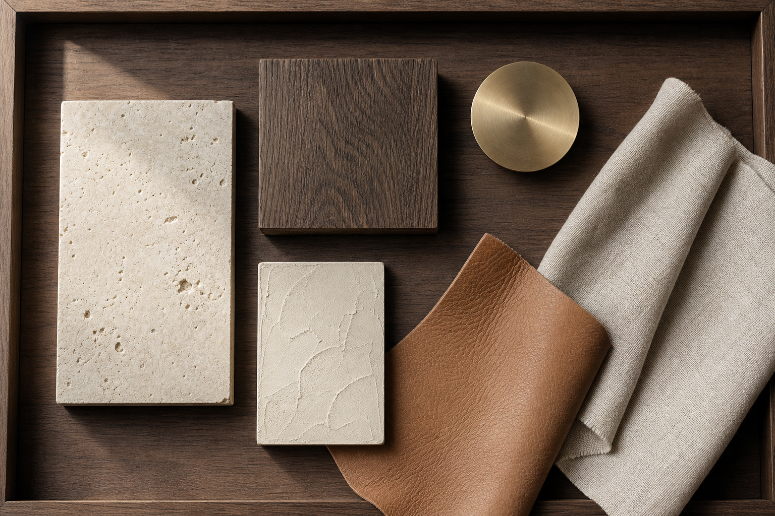 Interior material samples, travertine, oak, brass, linen and lime plaster, on a walnut tray