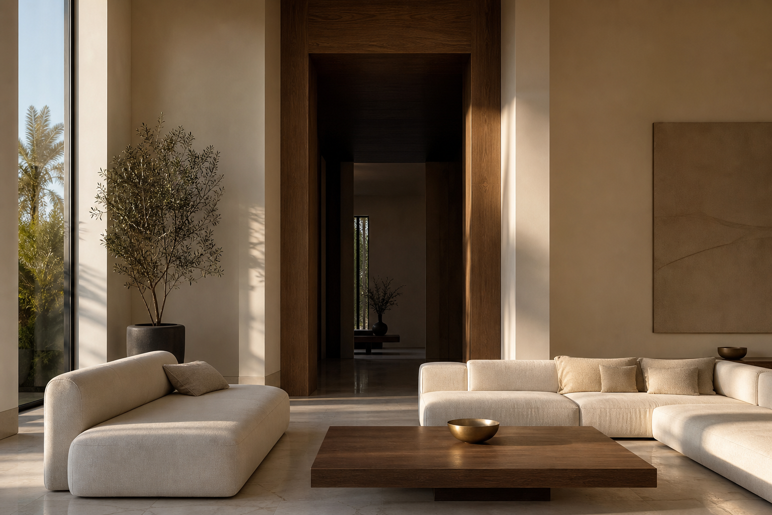 Modern Arabian living room in cream stone and walnut, with deep shaded threshold