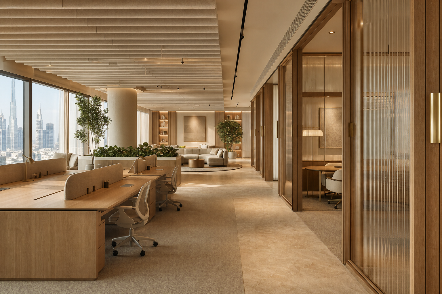A warm contemporary Dubai workplace with oak and fluted-glass meeting rooms, acoustic ceiling baffles, biophilic planting and layered lighting, the result of considered office interior design