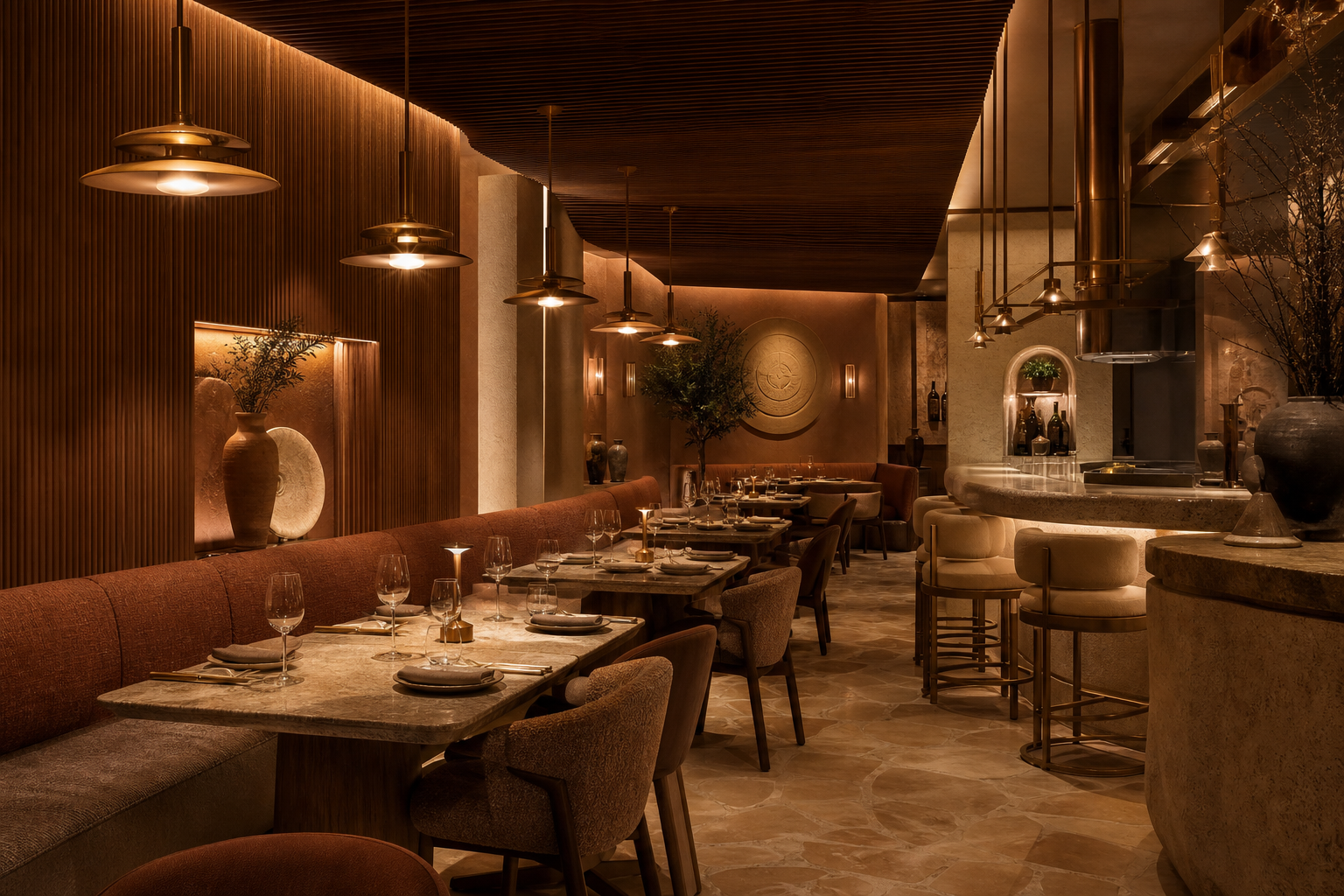 A warm contemporary Dubai restaurant interior with banquette seating, fluted timber, stone tables and layered pendant lighting, the result of considered front-of-house design