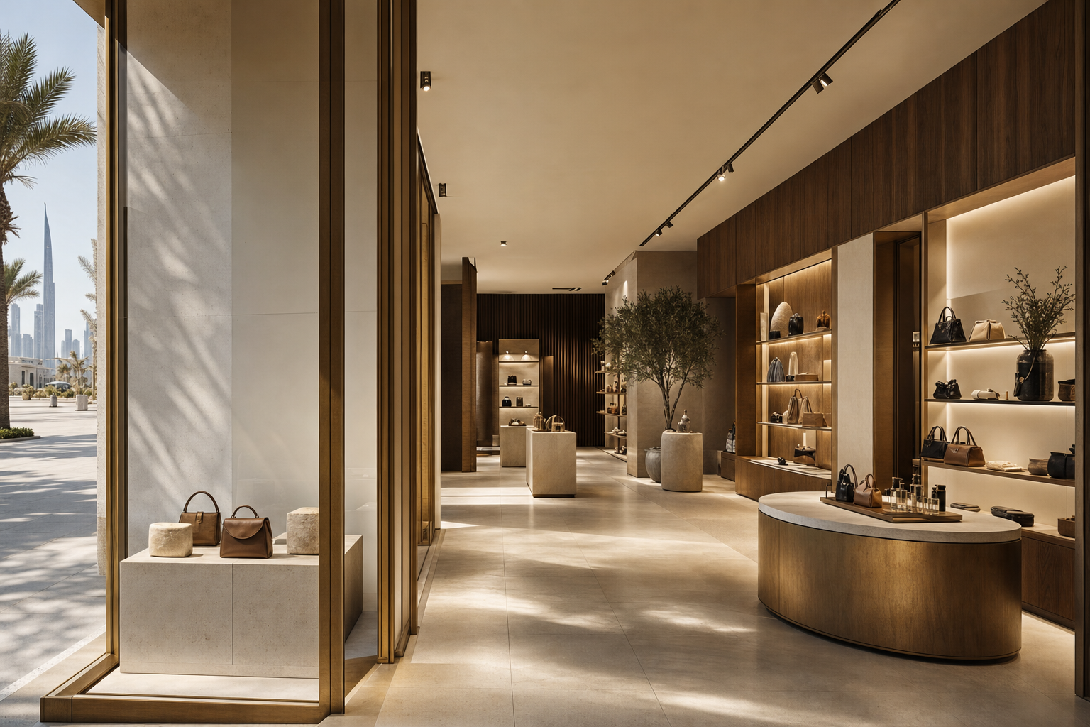 A calm contemporary Dubai retail showroom in warm oak, stone and brass with backlit display vitrines, layered accent lighting and a clear customer path, the result of considered retail interior design