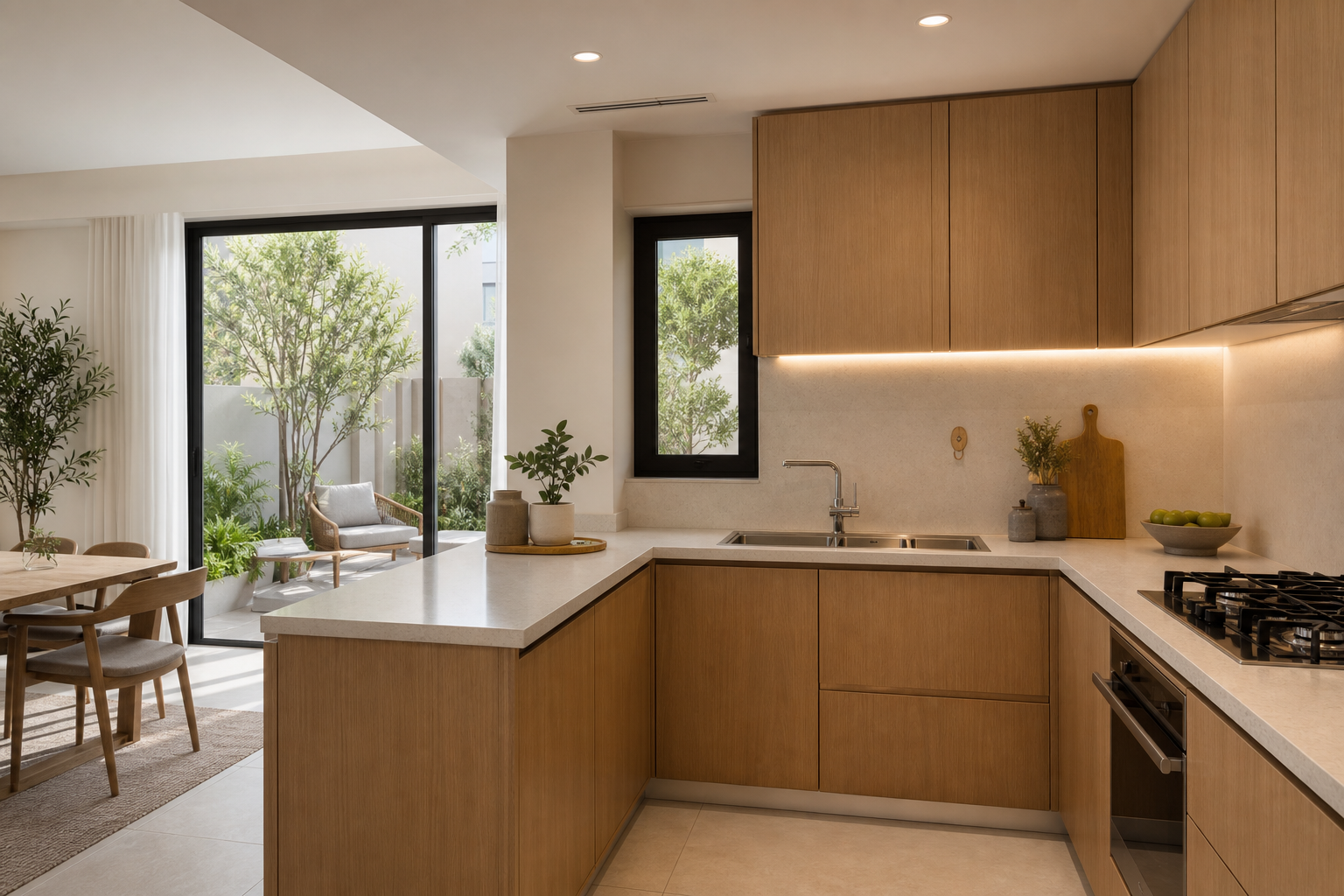 A calm The Valley townhouse kitchen and family living edge after an Emaar handover upgrade, warm oak joinery and garden light