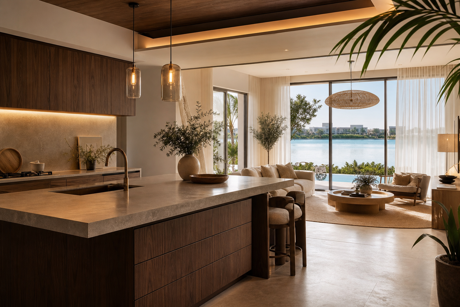 A calm lagoon-facing Tilal Al Ghaf villa living room after a post-handover upgrade, soft drapery and warm joinery