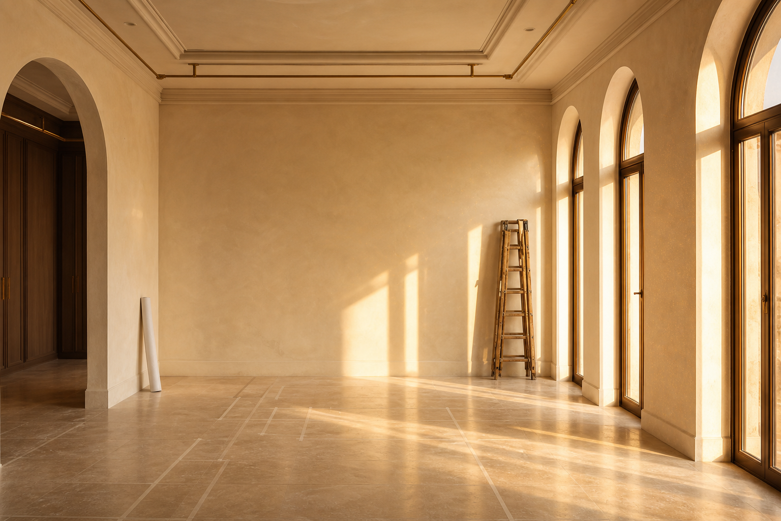 Mid-construction Dubai villa interior with CAD drawings and tape on a stone floor