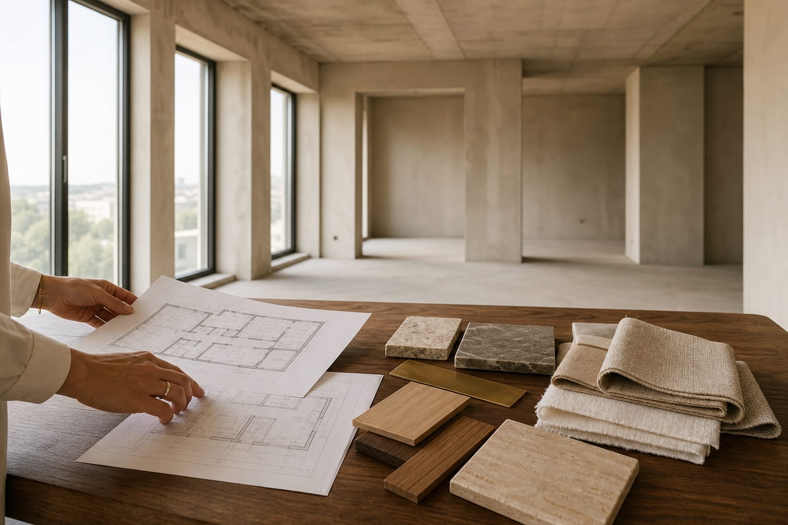 An interior designer reviewing architectural floor plans alongside travertine, oak, brass and linen material samples in a bare, freshly handed-over Dubai apartment