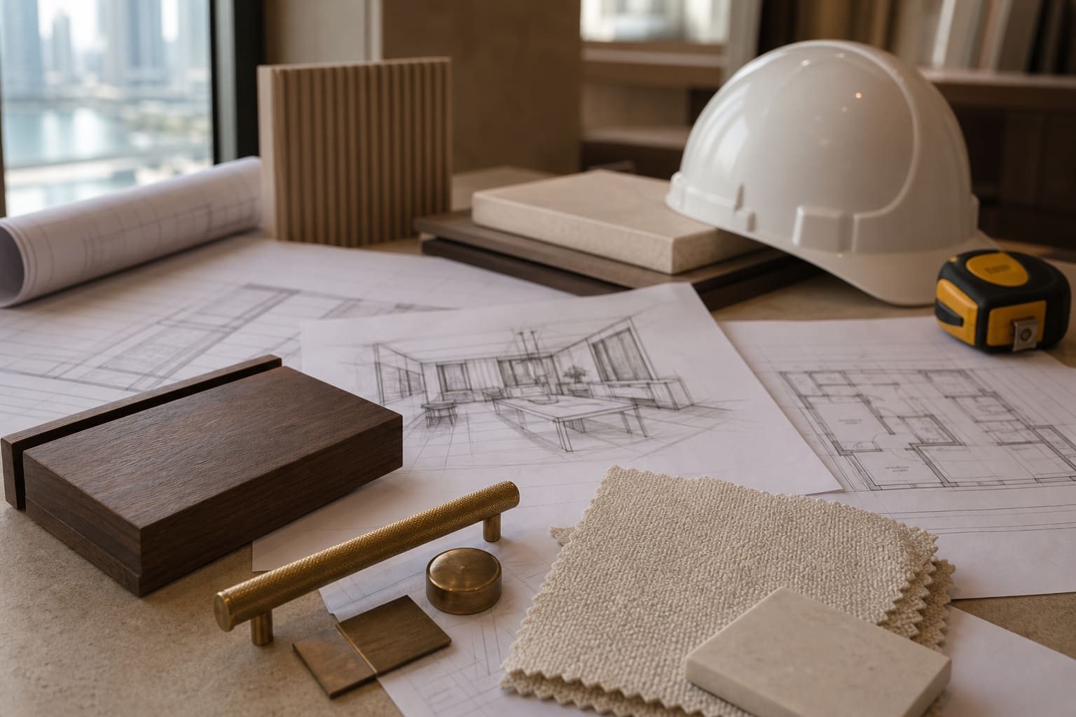 Interior design drawings and material samples on a project table, illustrating collaboration with Dubai fit-out and design partners