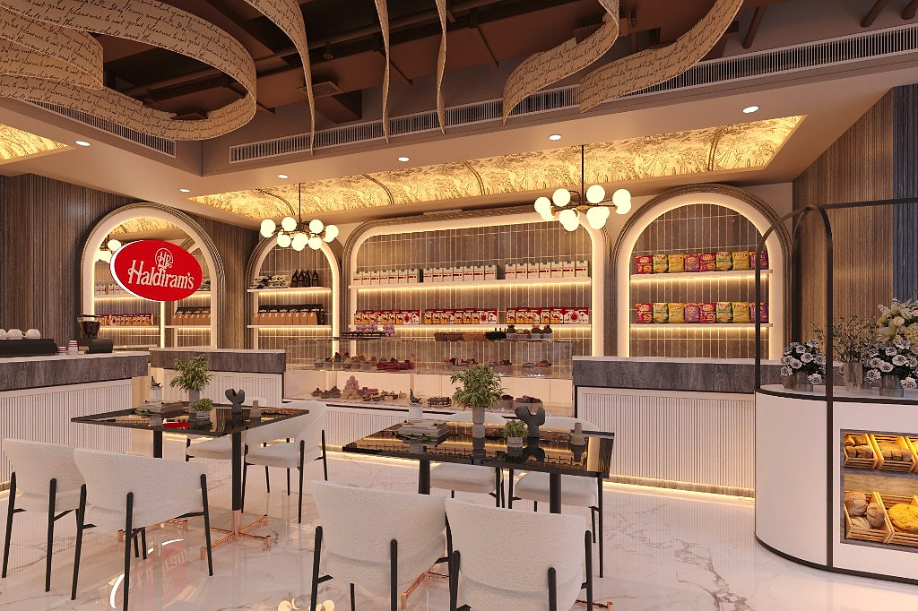 Bespoke retail display wall in fluted arches under the storytelling ceiling
