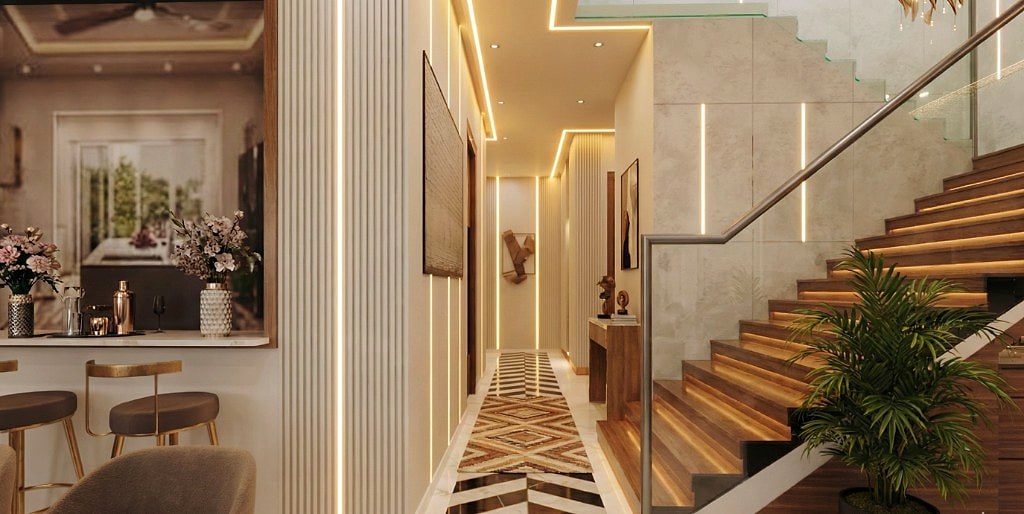 Entry corridor with vertical fumed-oak panels and a geometric stone-and-wood inlay laid into the marble floor