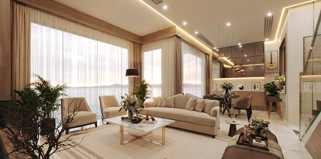 Open-plan living and dining behind floor-to-ceiling sheer curtains, with a sand-coloured sofa and brass-detailed marble coffee table