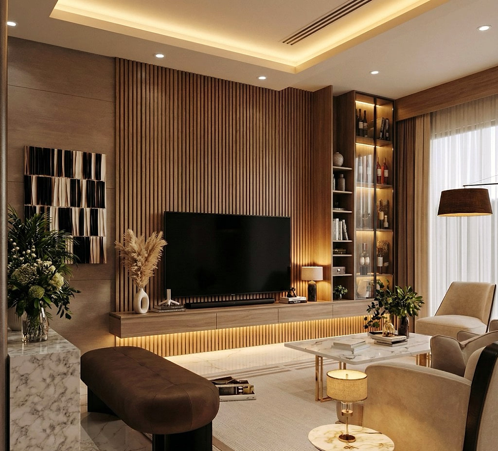 Three-metre fluted oak feature wall with the integrated low credenza and back-lit glass display cabinet
