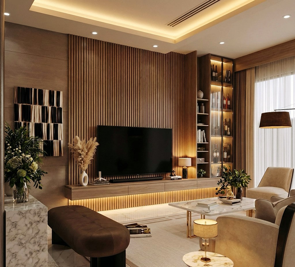 Media room from the entrance, the full fluted-oak feature wall with the leather bench in the foreground