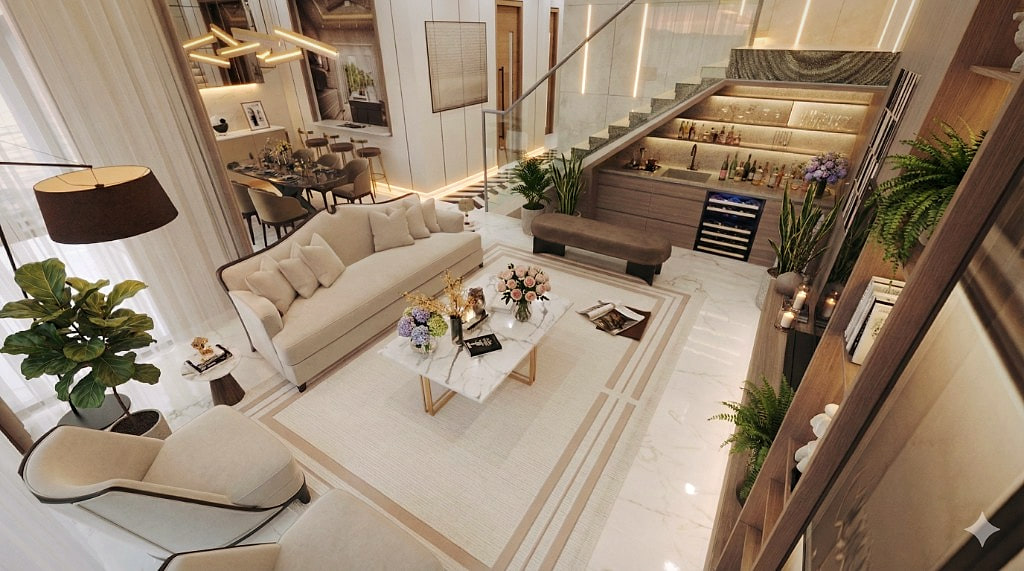 Top-down view of the Murooj villa living room showing the full furniture layout and the under-stair bar