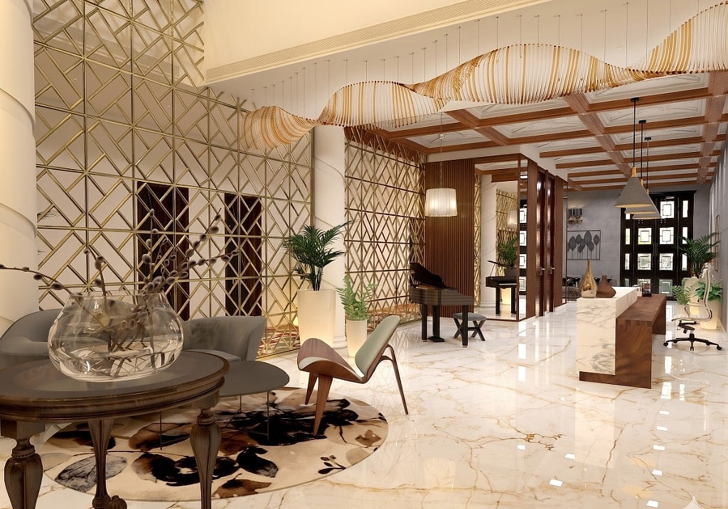 The hotel lobby with brass-lattice screens, a sculptural ribboned ceiling, a grand piano and lounge seating on a polished Italian marble floor