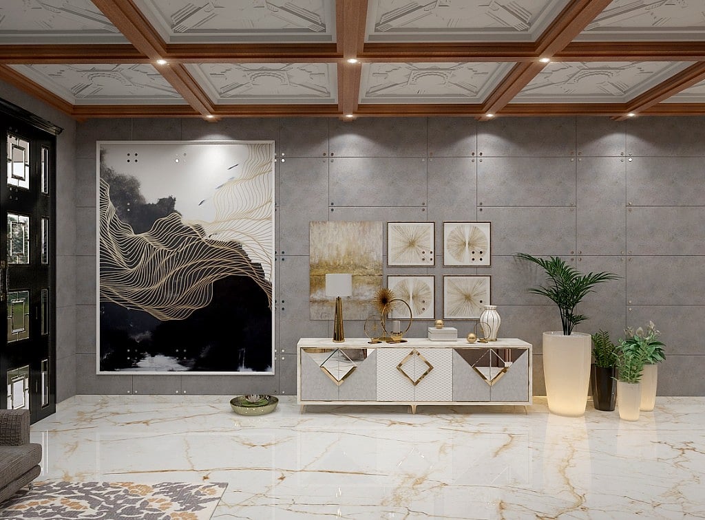 A lobby vignette with a black-and-gold abstract artwork on a panelled wall, a coffered timber ceiling, a marble-and-brass console and a polished Italian marble floor