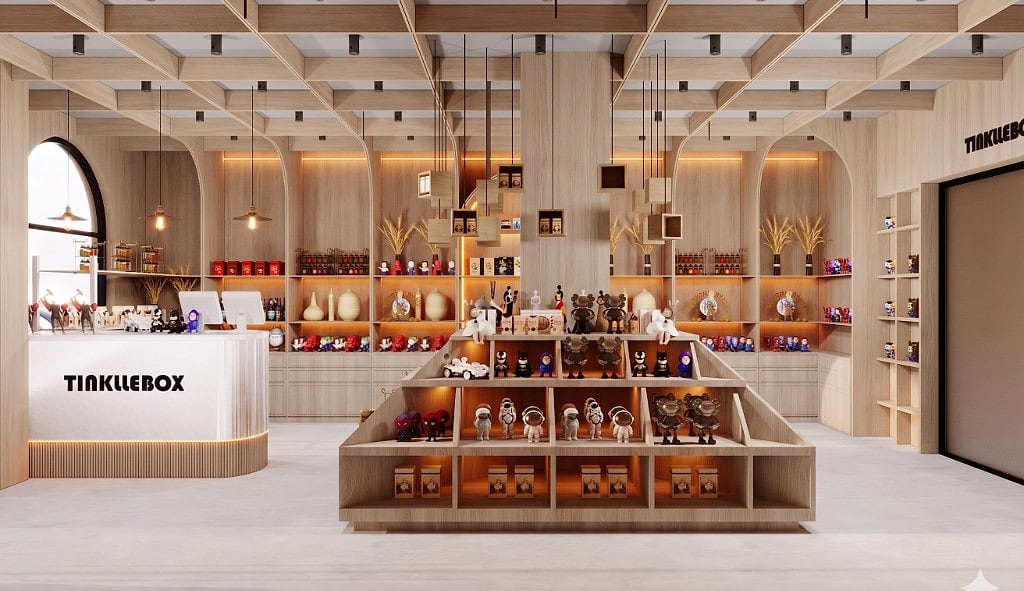 The central stepped pyramid display of collectibles in oak, lit shelf by shelf, beside arched oak shelving and an arched window