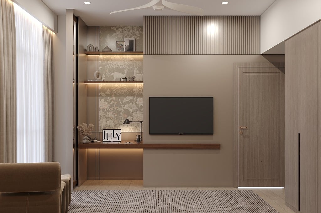 The study-led bedroom wall, a walnut floating desk and TV ledge below fluted oak, beside a glass-fronted display unit and a backlit panel of hand-painted forest wallpaper