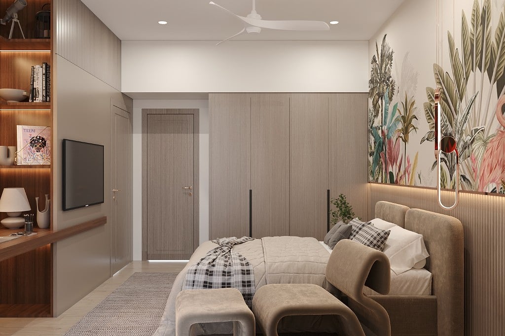 The teen room with a full-height tropical mural of palms, banana leaves and a flamingo above a fluted timber dado, an upholstered bed with gingham cushions and a walnut study-and-TV wall opposite
