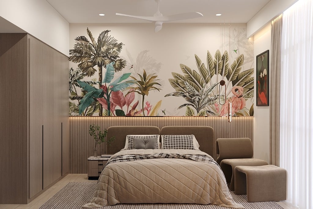 The teen room from the bed, the tropical mural wall meeting full-height oak wardrobes, with a fluted headboard, a copper pendant light and a framed bird print