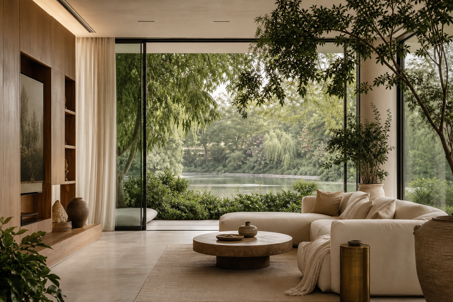 Calm biophilic villa interior in Al Barari with warm timber and garden views