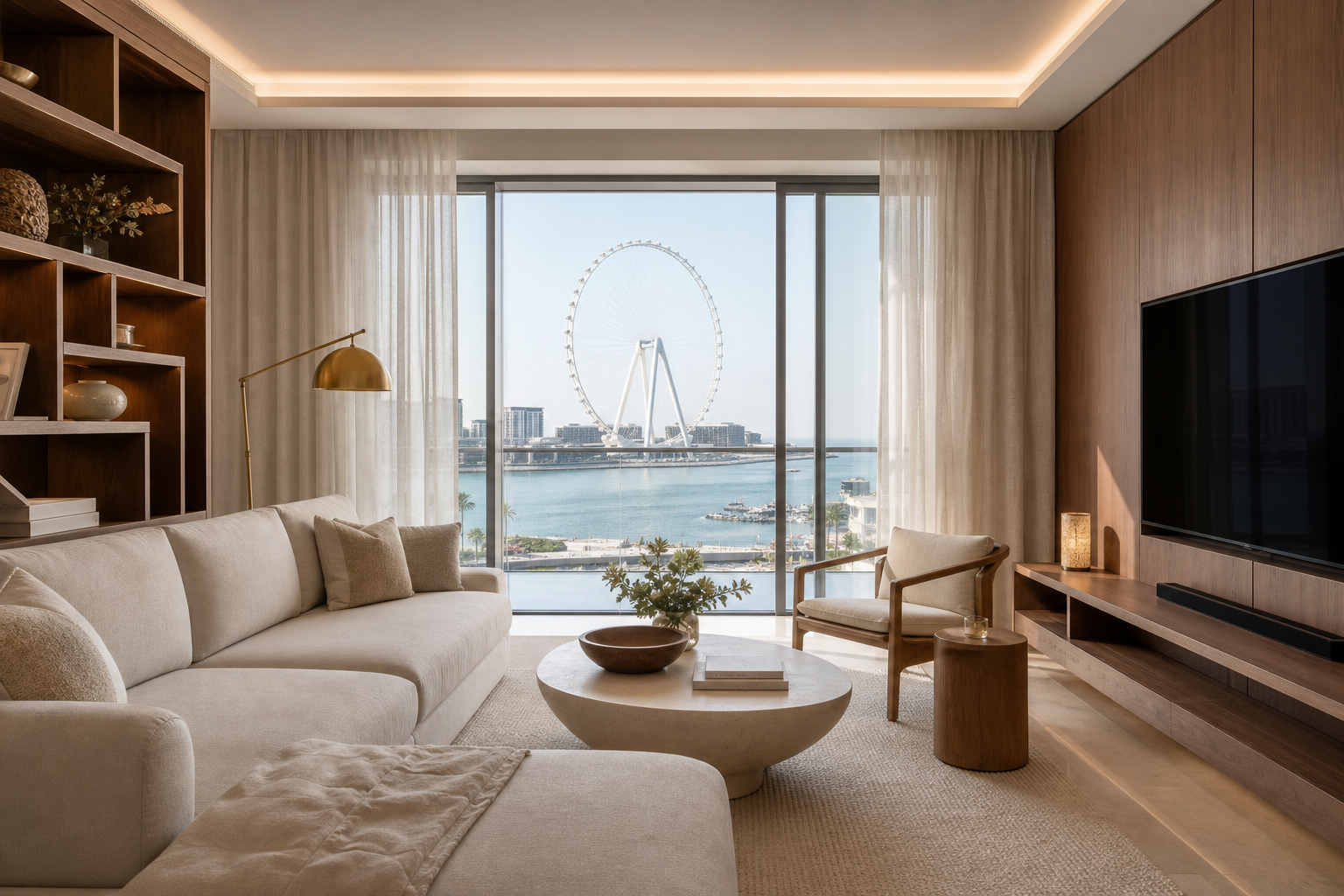 A waterfront apartment interior on Bluewaters Island with calm neutral palette and layered lighting