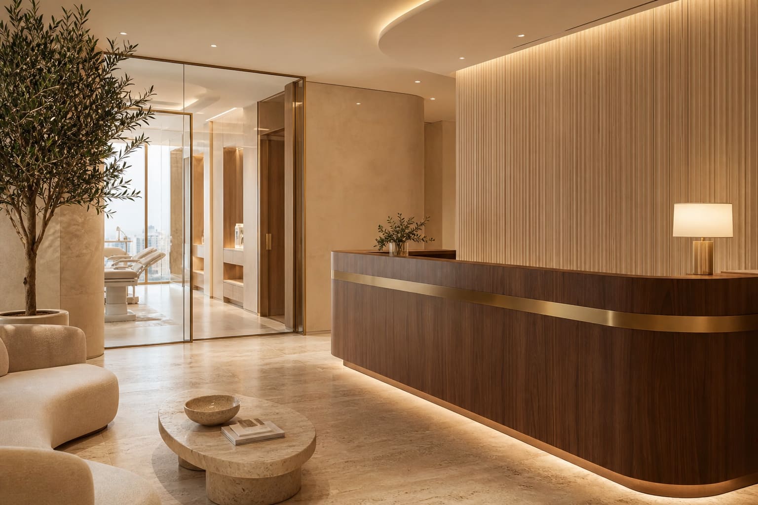 Calm clinic reception interior in Dubai by ZuriSpace