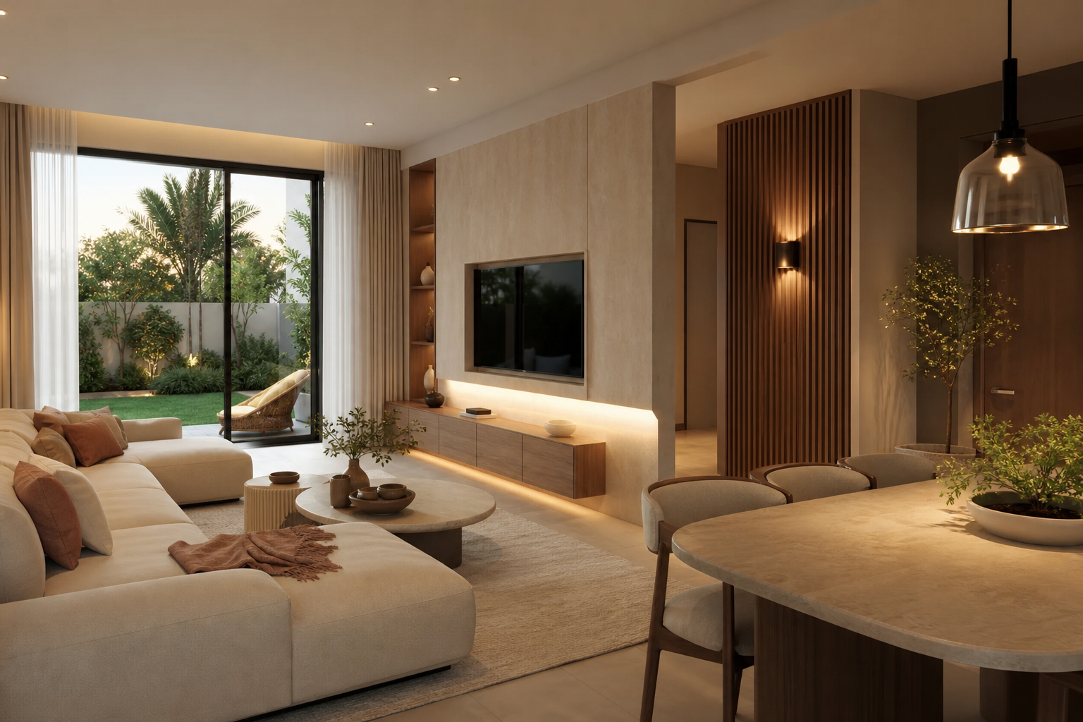 Contemporary townhouse interior in Damac Hills 2 by ZuriSpace, warm walnut joinery and garden-facing living