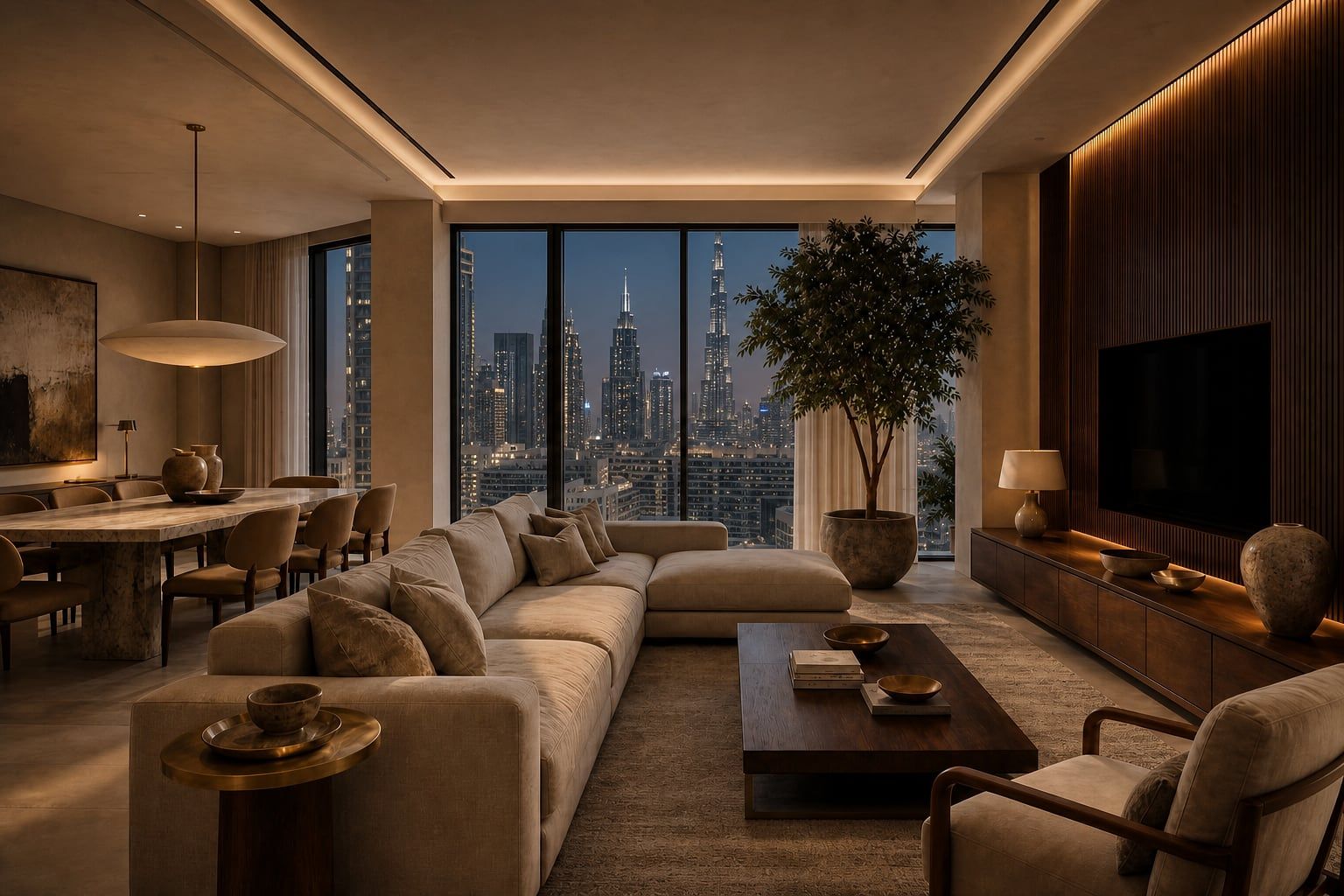 Downtown Dubai apartment interior facing Burj Khalifa
