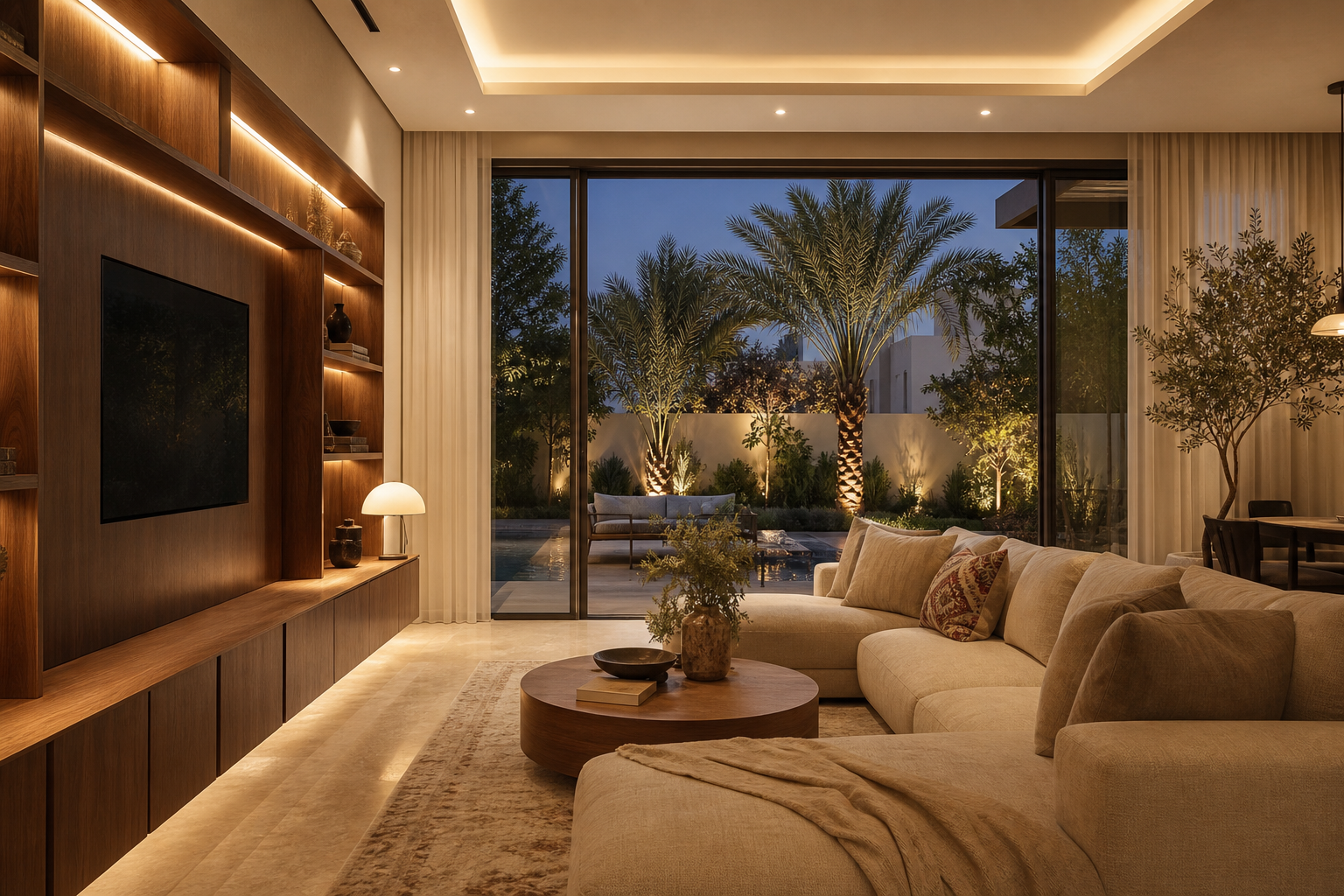 Contemporary villa interior in Jebel Ali Village by ZuriSpace, garden-facing living room with walnut joinery