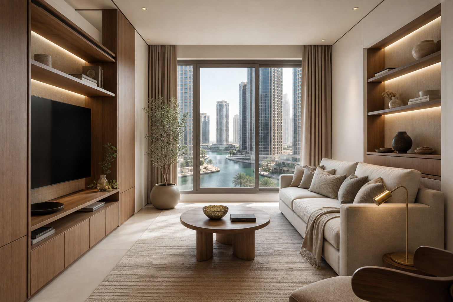 A calm apartment interior in Jumeirah Lakes Towers with warm oak joinery and lake-facing light