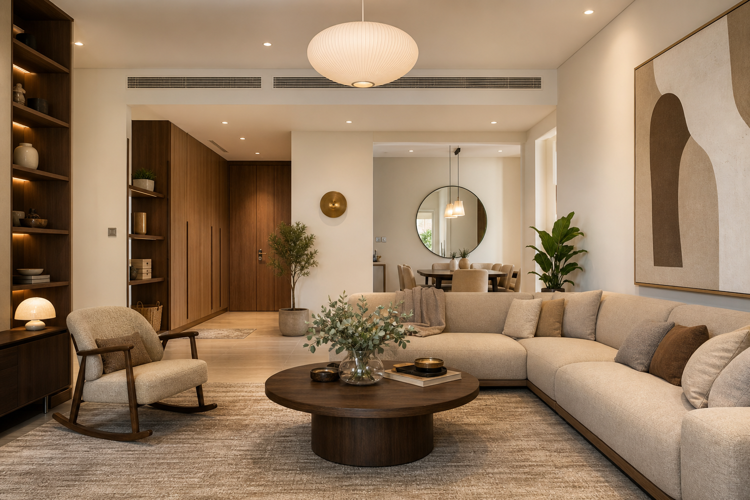 A calm family apartment interior in JVC with warm oak joinery and layered lighting