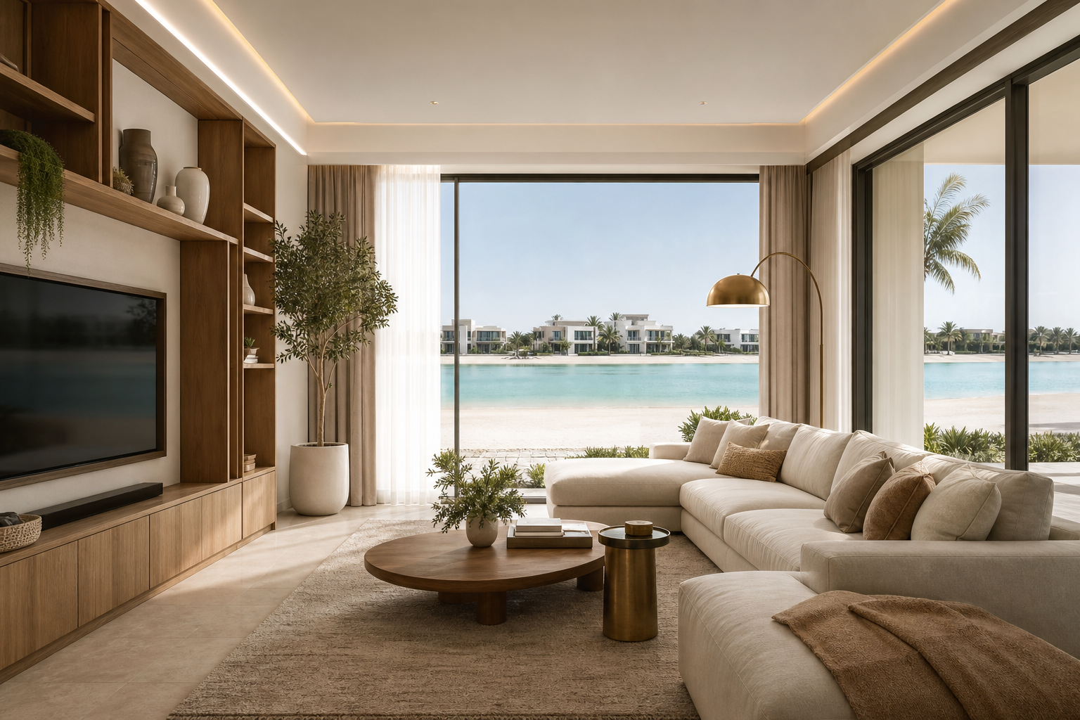Lagoon-facing family villa interior in Tilal Al Ghaf